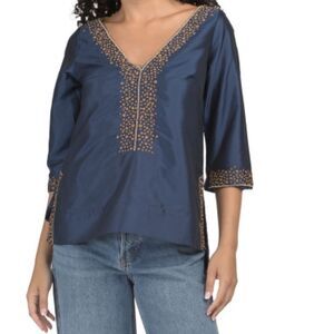 Gretchen Scott Top Womens Size Medium split Neck embroidered Blouse Boho New